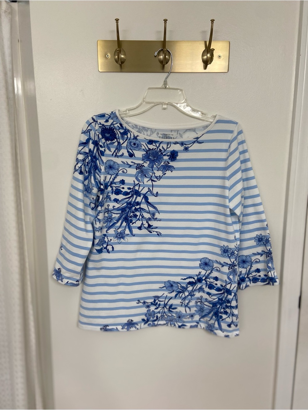 Talbots “The Talbots Tee” Floral Stripe 3/4 Sleeve Top Women’s Medium Blue White